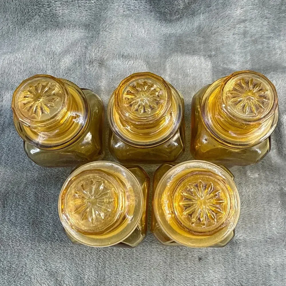 Vintage Lot of 5 Wheaton Amber Glass Spice Jars Shaker Inserts 3 Inch Original